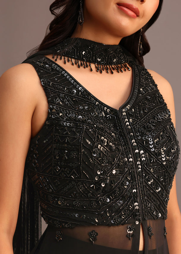 Black Embellished Sharara Suit With Net Dupatta