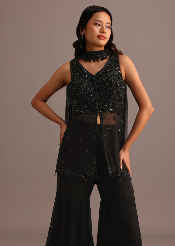 Black Embellished Sharara Suit With Net Dupatta