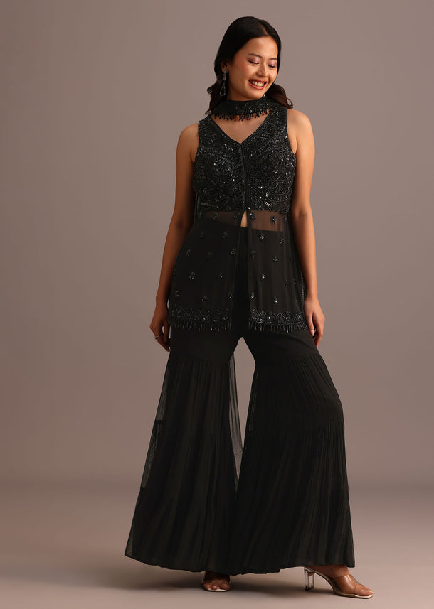 Black Embellished Sharara Suit With Net Dupatta