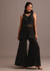 Black Embellished Sharara Suit With Net Dupatta