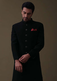 Black Embroidered Sherwani Set In Polyester With Collar Detailing