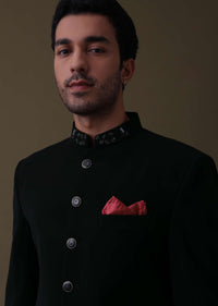 Black Embroidered Sherwani Set In Polyester With Collar Detailing