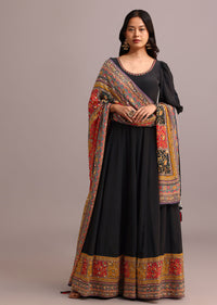 Black Embroidered Anarkali With Printed Dupatta