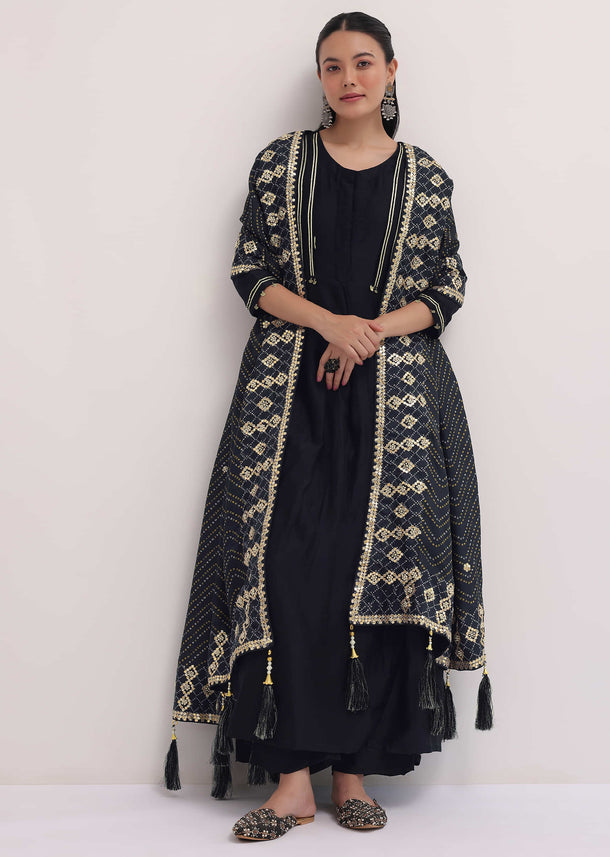 Black Embroidered Chanderi Anarkali Set