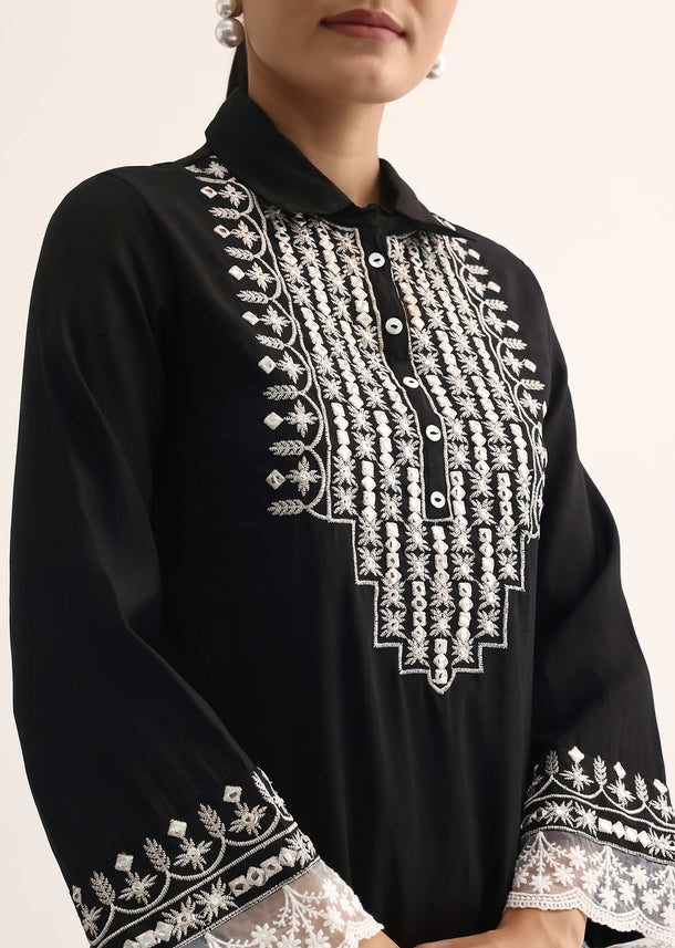 Black Embroidered Cotton Kurta And Pant