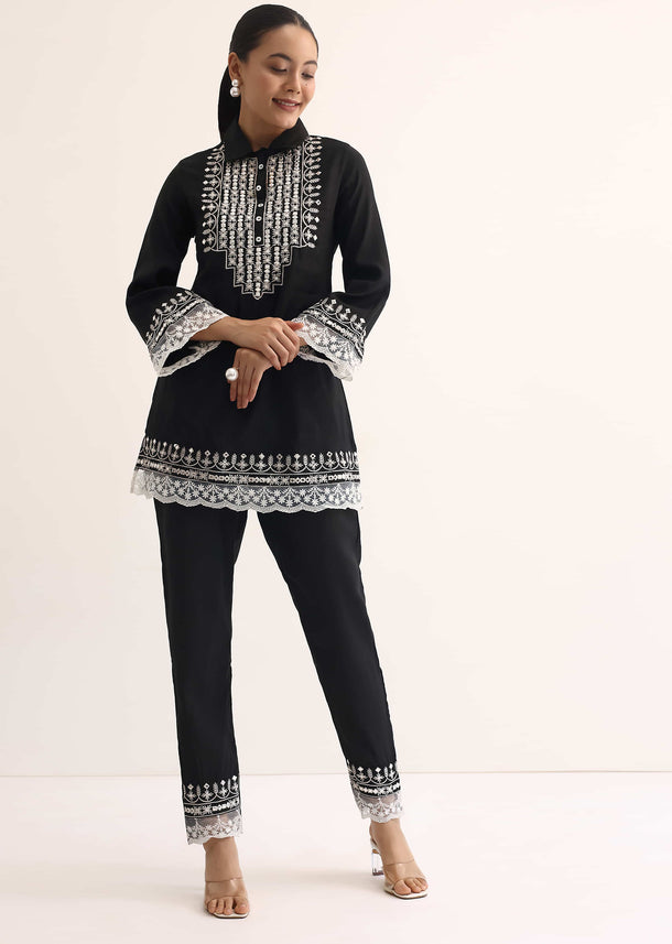 Black Embroidered Cotton Kurta And Pant