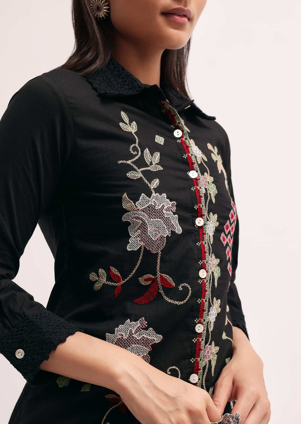 Black Embroidered Cotton Shirt And Pant