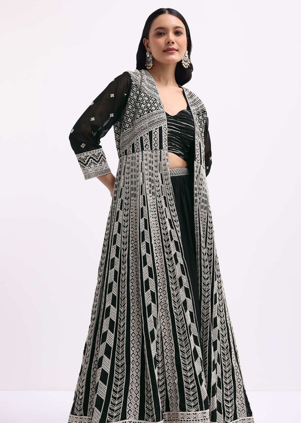 Black Embroidered Georgette Lehenga Choli And Jacket