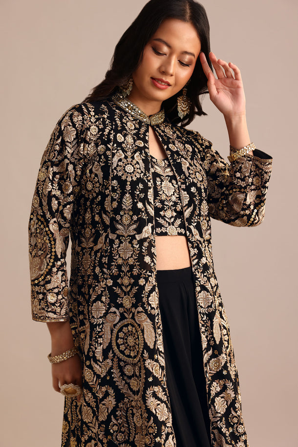 Black Embroidered Georgette Palazzo Suit With Long Embroidered Jacket