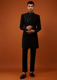 Black Embroidered Indo-Western Sherwani Set In Imported Suiting Fabric