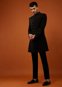 Black Embroidered Indo-Western Sherwani Set In Imported Suiting Fabric