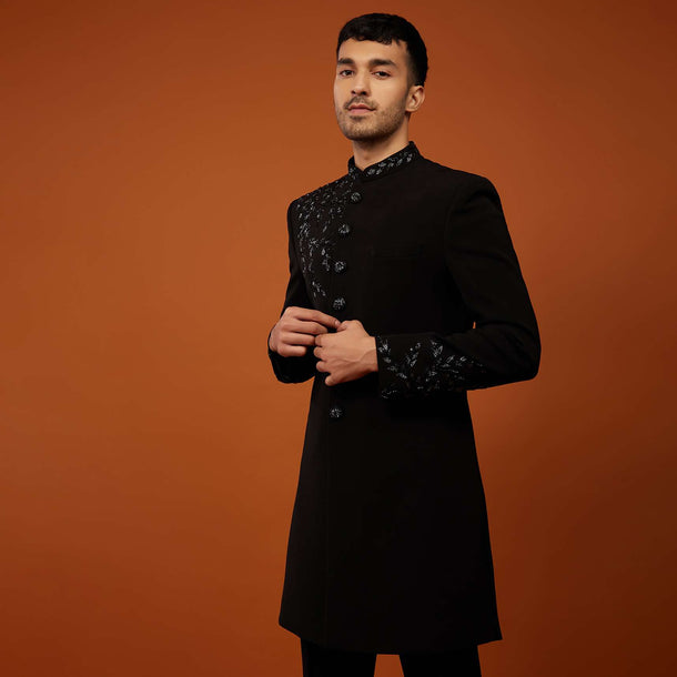 Black Embroidered Indo-Western Sherwani Set In Imported Suiting Fabric