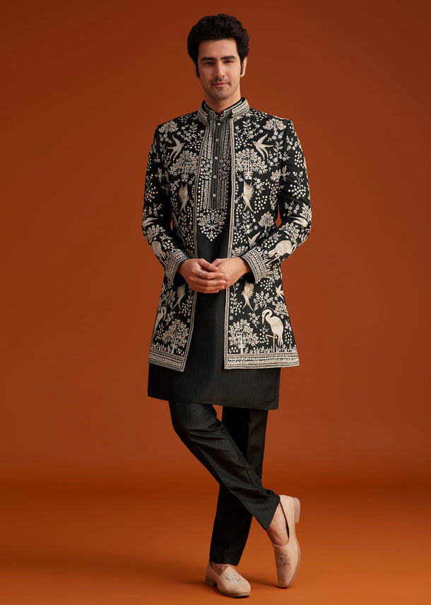 Black Embroidered Indo Western Sherwani Set