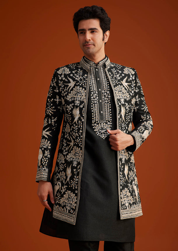 Black Embroidered Indo Western Sherwani Set