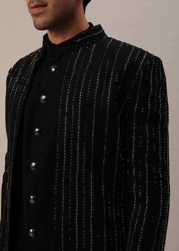 Black Embroidered Indowestern In Suiting Fabric