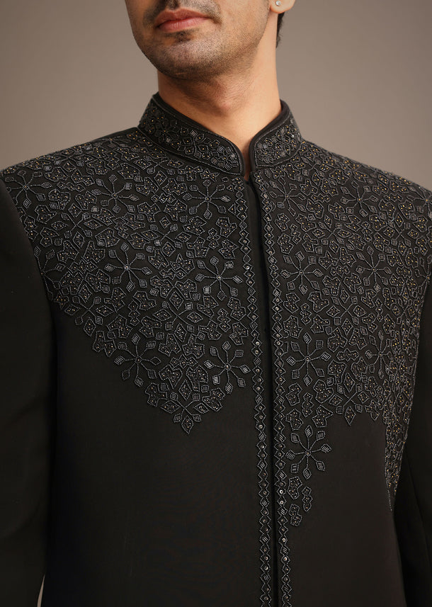 Black Embroidered Indowestern Set With Cutdana Work