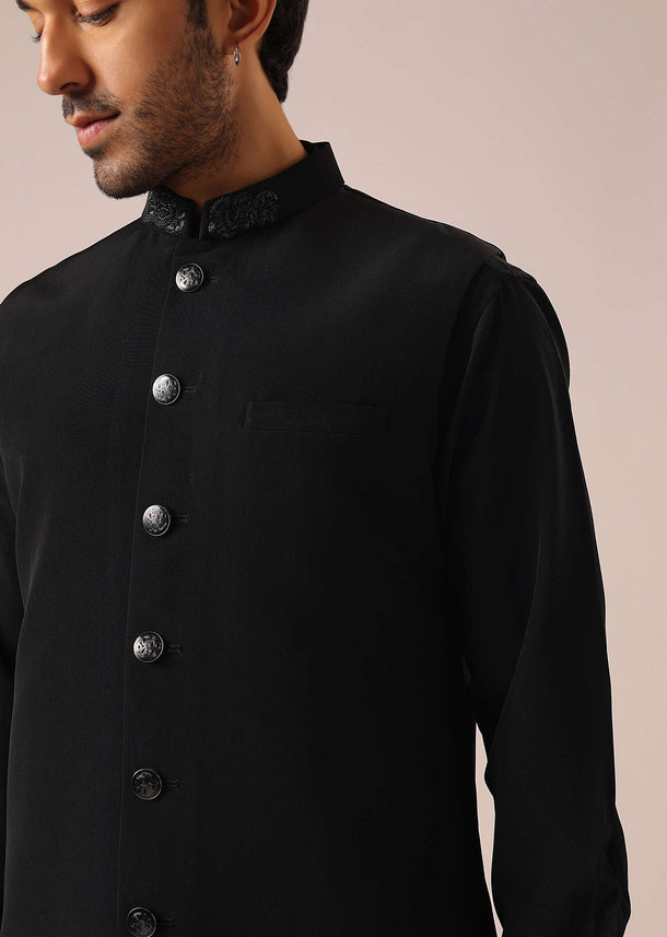 Black Embroidered Jacket And Kurta Set