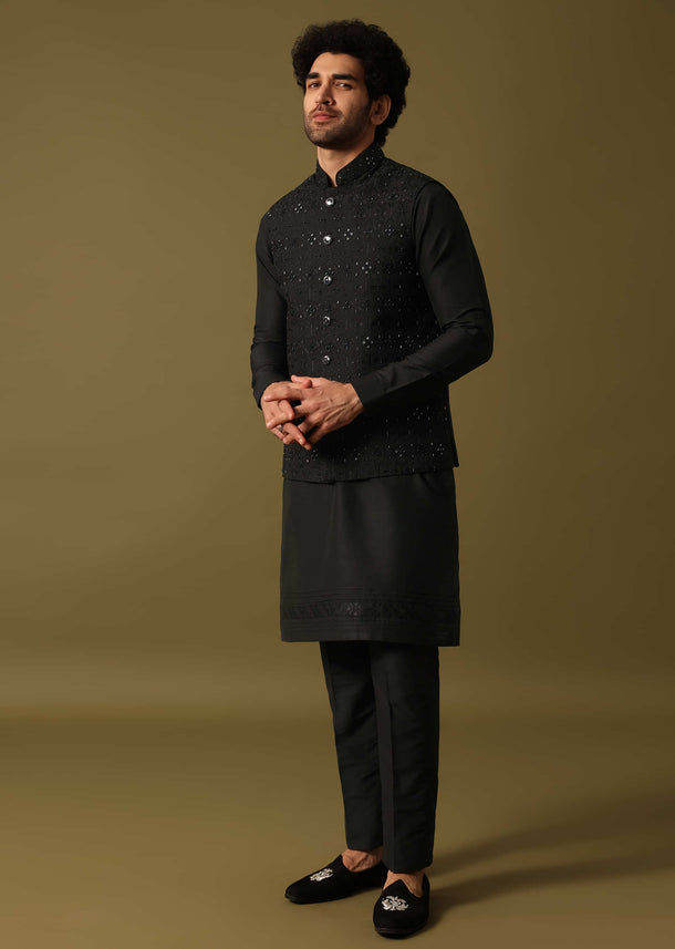 Black Cutdana Embroidered Kurta Jacket Set