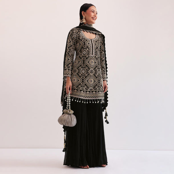 Black Embroidered Kurta With Sharara And Dupatta