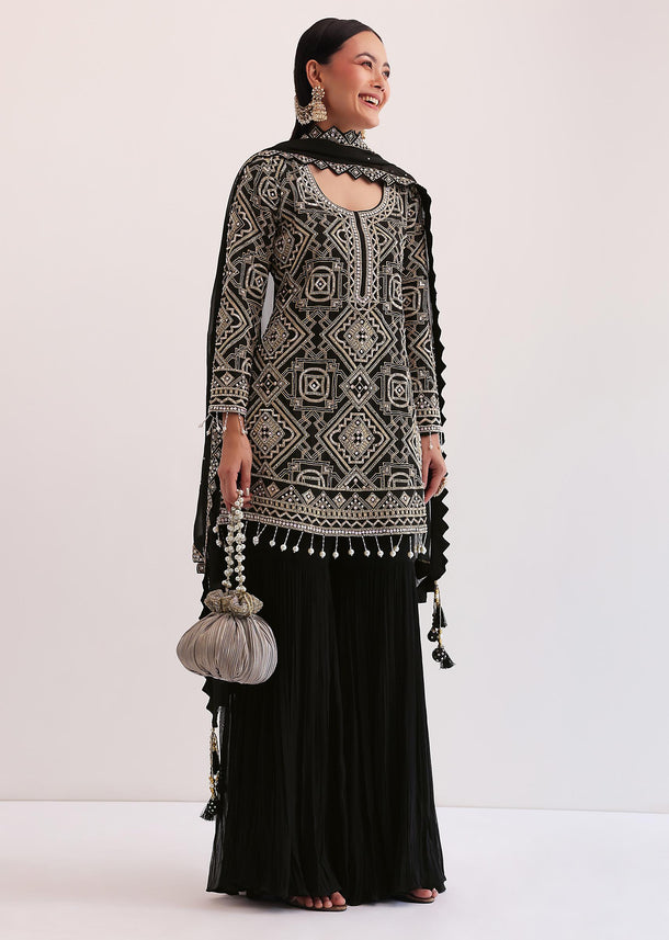 Black Embroidered Kurta With Sharara And Dupatta