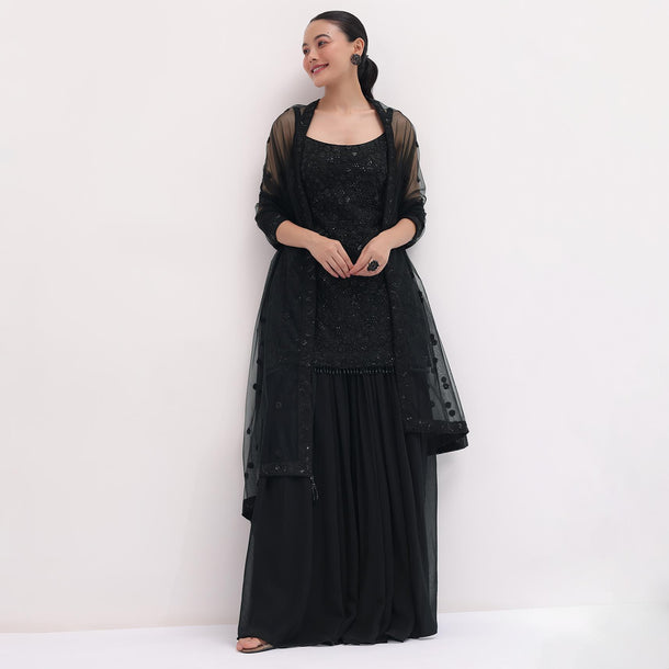 Black Embroidered Net Kurta Palazzo Set