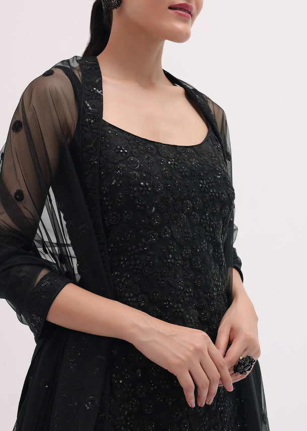 Black Embroidered Net Kurta Palazzo Set
