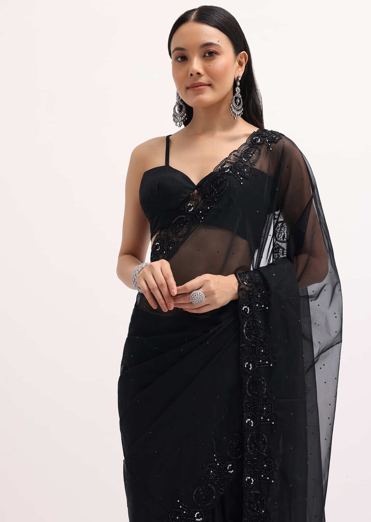 Black Embroidered Organza Saree With Unstitched Blouse