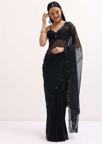 Black Embroidered Organza Saree With Unstitched Blouse