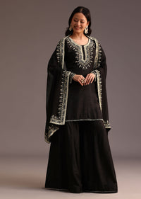 Black Embroidered Palazzo Suit With Chanderi Dupatta