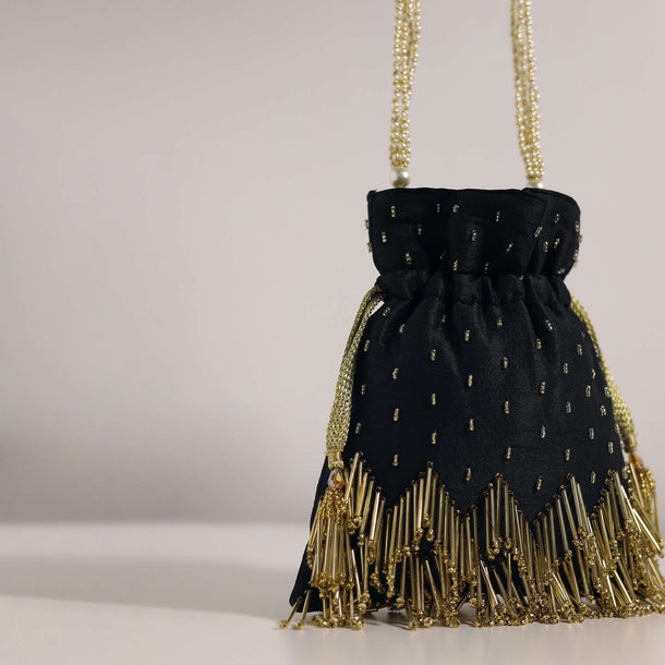 Black Embroidered Potli Bag With A Handworked Handle