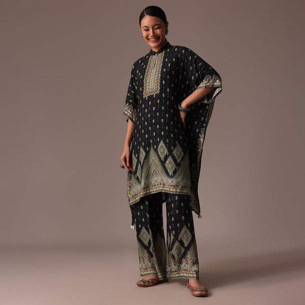 Black Embroidered Printed Silk Kaftan Co Ord Set