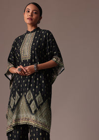 Black Embroidered Printed Silk Kaftan Co Ord Set