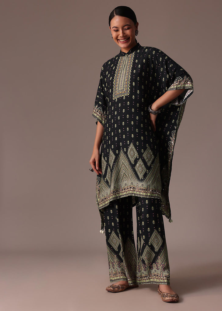 Black Embroidered Printed Silk Kaftan Co Ord Set