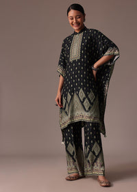 Black Embroidered Printed Silk Kaftan Co Ord Set