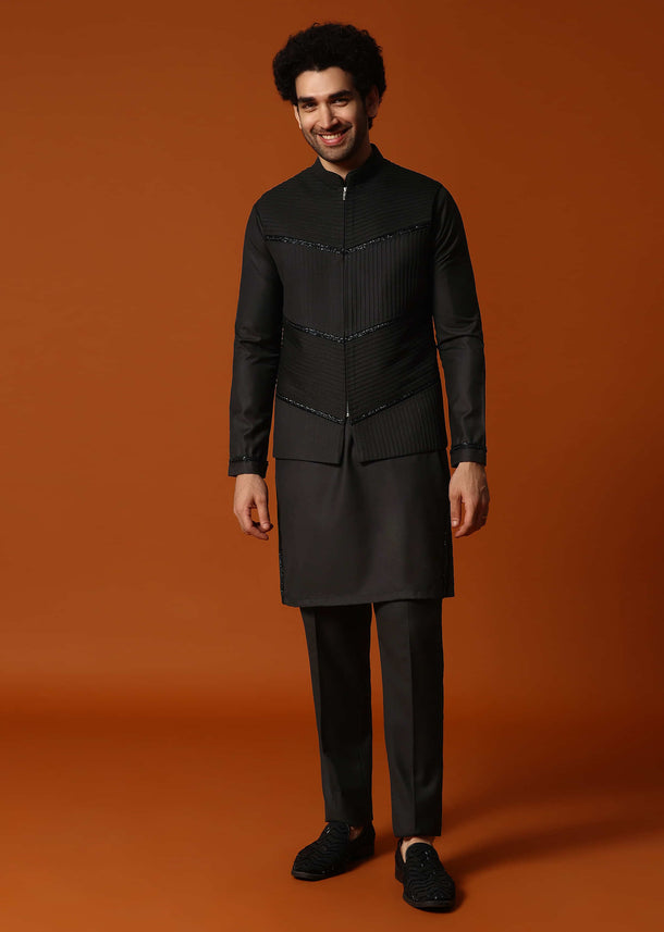 Black Embroidered Rayon Kurta Jacket Set For men