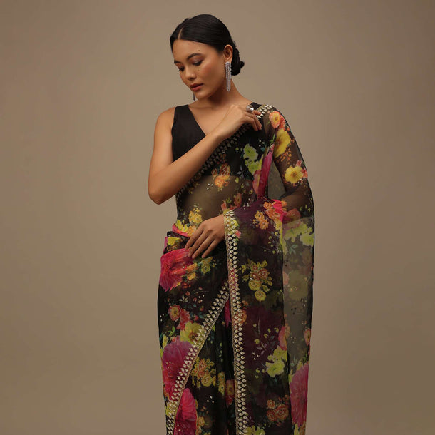 Black Embroidered Saree In Organza With Vibrant Floral Print