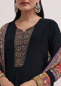 Black Embroidered Satin Kurta Palazzo Set