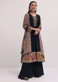 Black Embroidered Satin Kurta Palazzo Set