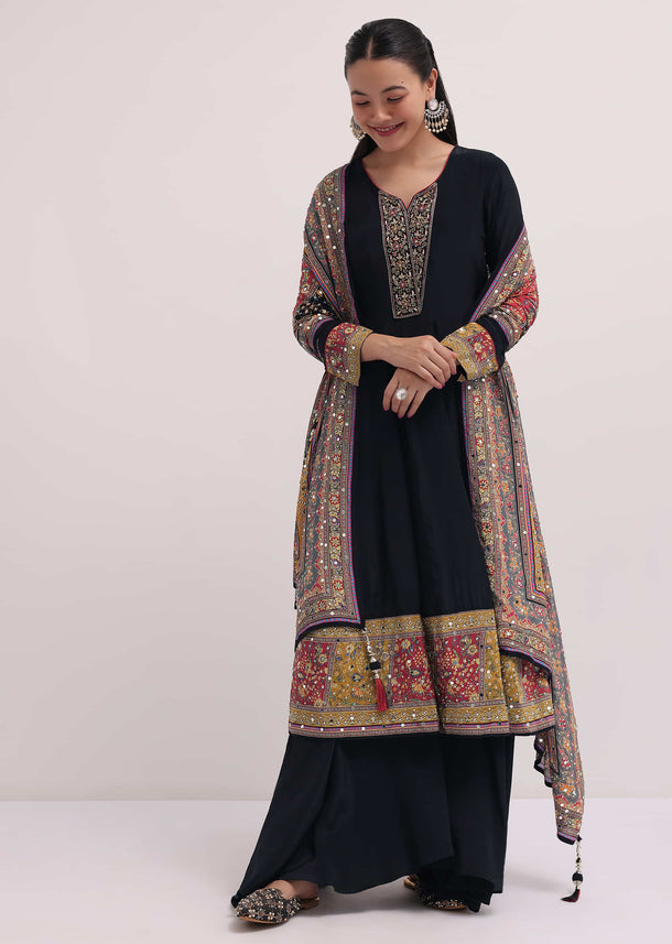 Black Embroidered Satin Kurta Palazzo Set