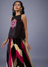 Black Embroidered Scallop Top With Multicoloured Flared Palazzo In Silk