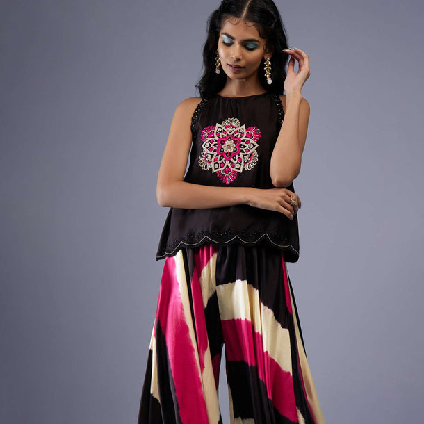 Black Embroidered Scallop Top With Multicoloured Flared Palazzo In Silk