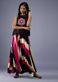 Black Embroidered Scallop Top With Multicoloured Flared Palazzo In Silk