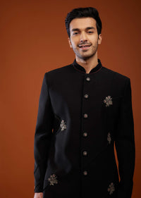 Black Embroidered Sherwani Set In Suiting Fabric