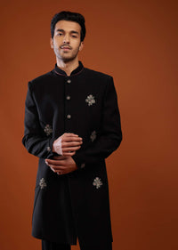 Black Embroidered Sherwani Set In Suiting Fabric