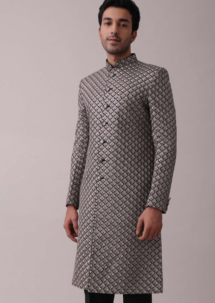 Black Embroidered Sherwani Set In Textured Silk