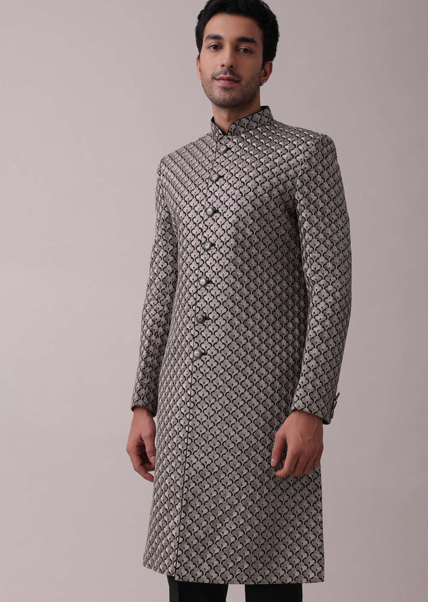 Black Embroidered Sherwani Set In Textured Silk