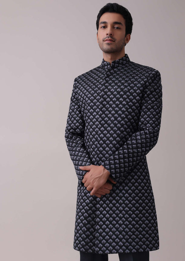 Black Embroidered Sherwani Set In Textured Terry Rayon Fabric