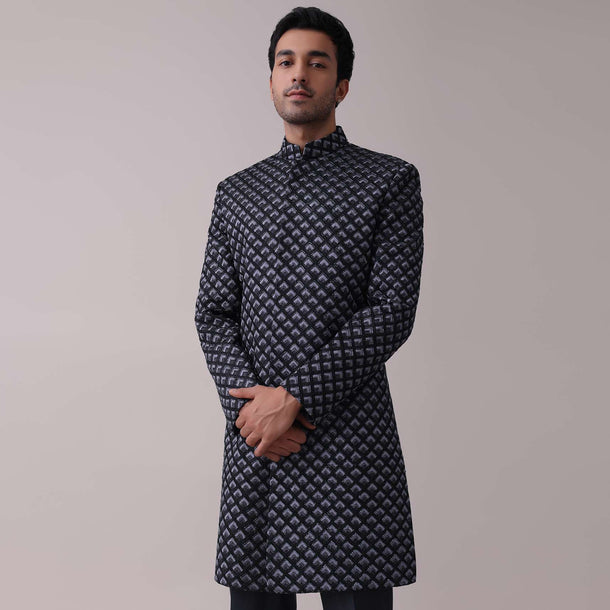 Black Embroidered Sherwani Set In Textured Terry Rayon Fabric