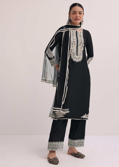 Black Embroidered Silk Kurta Pant Set