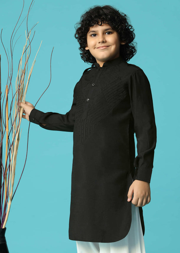 Black Embroidered Silk Kurta Salwar For Boys